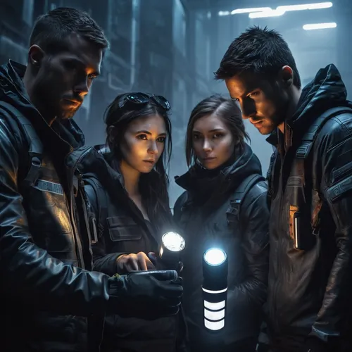 officers,high-visibility clothing,dystopian,tactical flashlight,a flashlight,sci - fi,sci-fi,sci fi,laser tag,protectors,x-men,group of people,cyberpunk,passengers,visual effect lighting,futuristic,fantastic four,the batteries,xmen,scene lighting,Conceptual Art,Sci-Fi,Sci-Fi 10