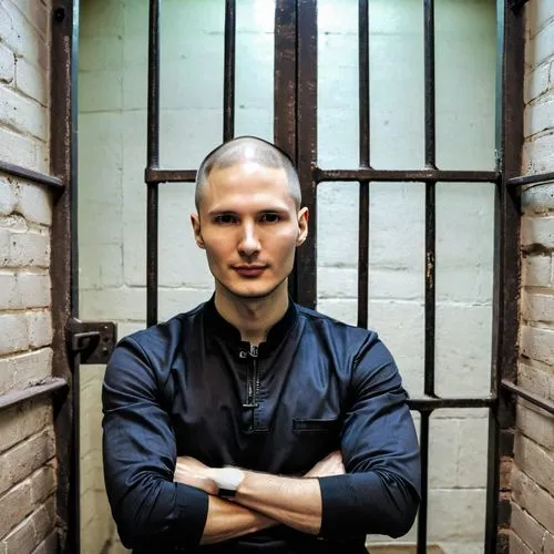 A photo of Pavel Durov, founder of Telegram messenger, behind bars inside a prison cell. He is wearing a prison uniform and has shaved head. The cell is sparse, with a bed, a table, and a chair. The w