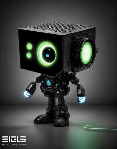 A robot, large head, made of shiny black metal, one singe large glowing eye,bolt-004,bass speaker,minibot,steam machines,plug-in figures,3d figure,radio-controlled toy,3d model,argus,pc speaker,blackm