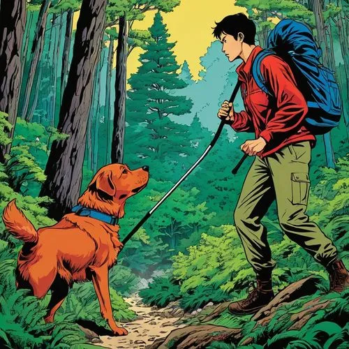 forest workers,boy and dog,herge,zagor,tintin,terabithia,trekking poles,kaneda,dilton,webelos,trekker,hunting dogs,hiker,hunting scene,moebius,bushwhacking,giacaman,spirou,osita,kokoda,Illustration,Japanese style,Japanese Style 04