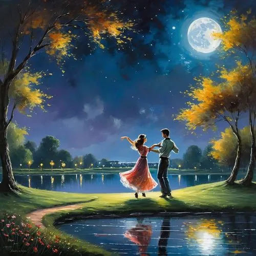 romantic scene,romantic night,dancing couple,landscape background,night scene,serenade,fantasy picture,art painting,romantic,moonlit night,oil painting on canvas,love in air,romantic portrait,ballroom dance,romantic look,fairytale,romantic meeting,honeymoon,moon and star background,fairy tale,Conceptual Art,Oil color,Oil Color 06