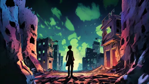 comic, The camera zooms in on Takuya's lifeless body. The city is now in ruins. The shadowy figure vanishes into the night, leaving destruction behind.,a person standing on a ruined city under a blue 