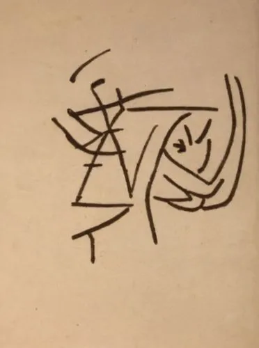 a drawing with a man in a circle surrounded by a spiral,signature,sigil,ideograms,autograph,japanese character,calligraphy