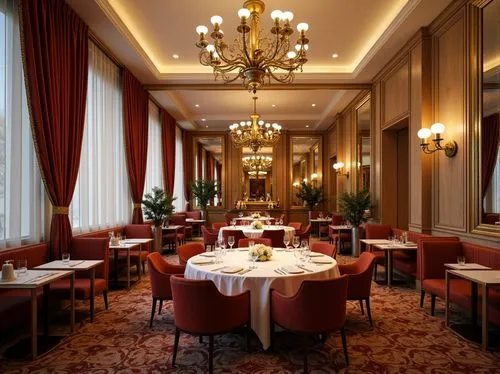 Elegant dining hall, luxurious chandeliers, rich wood tones, velvet drapes, cream-colored walls, golden accents, sophisticated furnishings, ornate mirrors, lavish textiles, ambient warm lighting, shal