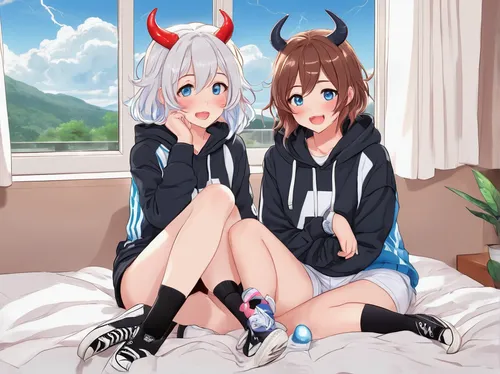 angel and devil,devils,horns,two girls,unicorns,horned,honmei choco,kantai,nyan,chatting,unicorn and rainbow,domestic goats,gazelles,anime japanese clothing,cocoa,anime cartoon,cat ears,hierochloe,honolulu,kawaii children,Illustration,Japanese style,Japanese Style 01