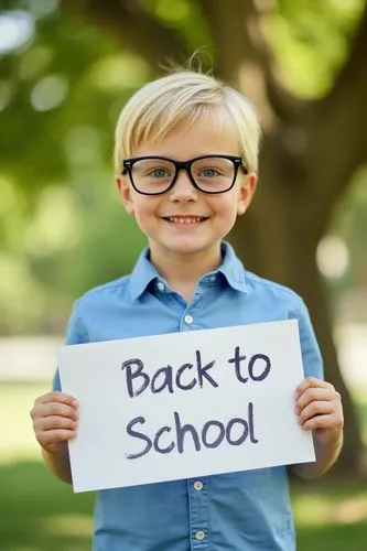 Minimalistic stock photo of a little boy with blonde hair wearing glasses and a blue shirt holding a "Back to School" sign, standing outside in a sunny park, blurred green trees in the background, the