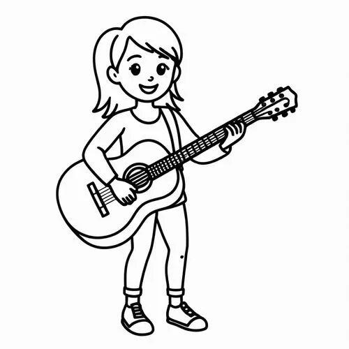 a girl playing guitar in the cartoon,coloring pages kids,coloring pages,fingerpicking,coloring page,folksinger,guitar,Design Sketch,Design Sketch,Rough Outline