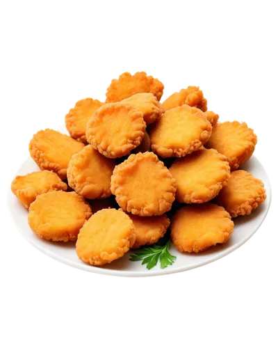 Crispy chicken nuggets, golden brown, juicy meat, dipping sauce, white plate, solo, center composition, softbox lighting, shallow depth of field, warm color tone, appetizing, mouthwatering, detailed t