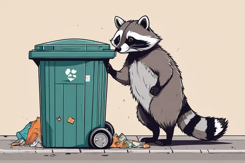 Sketch a curious raccoon exploring a trash can in a suburban neighborhood.,bin,raccoons,waste bins,rubbish collector,disposal,trash cans,trashcan,trash can,recycle bin,garbage collector,garbage cans,w