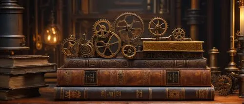 Steampunk-inspired artwork, intricate clockwork mechanisms, interlocking bronze gears, copper pipes, vintage leather-bound books, ornate golden frames, distressed wooden panels, Victorian-era inspired