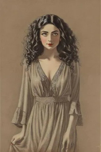 coloured pencil 1930s  confident dark haired woman,la violetta,girl in cloth,girl with cloth,venus,young woman,persian,iranian,woman hanging clothes,lacerta,the magdalene,artemisia,vintage woman,lilia