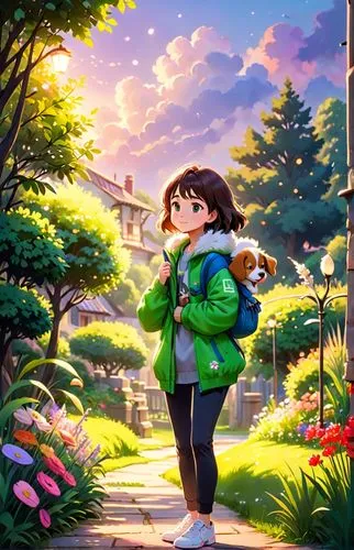 in a vibrant and whimsical garden filled with vibrant flowers, a caucasian girl 23 years old begins her latest day in a vibrant green park. She wears a sleek sports jacket, gray jogging, and white spo