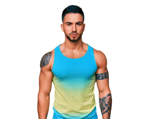 Ball-shaped tattoos, muscular man, sleeveless, strong arms, colorful ink, bold lines, shading effects, 3D-like design, round shoulders, intense gaze, dramatic lighting, low-angle shot, dynamic composi