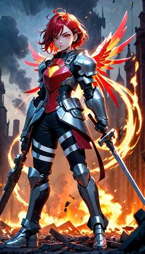 fire angel,phoenix,fire background,swordswoman,riot,fire siren,fire devil,fire lily,elza,griffon bruxellois,flame robin,phoenix rooster,wiz,red saber,fire kite,sylva striker,female warrior,cg artwork,magna,fiery,Anime,Anime,Cartoon