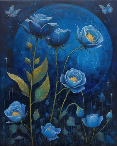 blue moon rose,moonflower,blue rose,blue petals,blue flowers,blue daisies,blue moon,starry night,blue birds and blossom,flower painting,stars and moon,beach moonflower,blue painting,cosmos,moonlit night,night stars,the sleeping rose,blue flower,cosmos wind,sky rose,Illustration,Abstract Fantasy,Abstract Fantasy 15