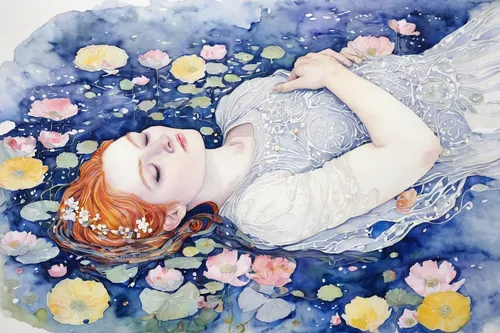 the sleeping rose,girl in flowers,girl lying on the grass,watercolor mermaid,watercolor painting,sleeping rose,watercolor wreath,falling flowers,watercolor,watercolor tea,watercolor blue,watercolor women accessory,watercolor paint,girl in a wreath,girl in the garden,kahila garland-lily,woman laying down,orange blossom,idyll,fallen petals,Illustration,Paper based,Paper Based 20