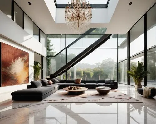 Modern luxury villa, interior design, minimalist style, large windows, floor-to-ceiling glass walls, sleek marble floors, high ceilings, wooden accents, grand staircase, elegant chandelier, comfortabl