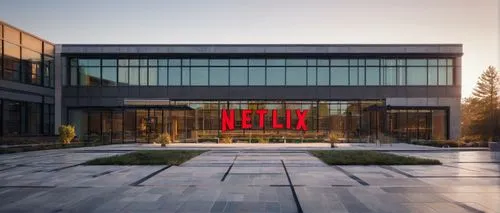 Modern university campus building, Netflix logo signage, glass facade, steel frame structure, rectangular shape, flat roof, minimalist design, natural stone flooring, floor-to-ceiling windows, wooden 