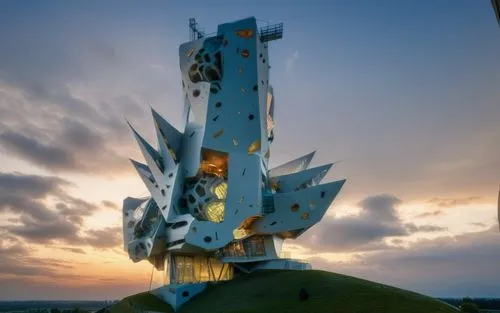 Generate museum building 15 Floor high in surrounded landscape ,soyuz rocket,soyuz,observation tower,impact tower,telescope,russian pyramid,launch pad,cellular tower,telescopes,communications tower,th