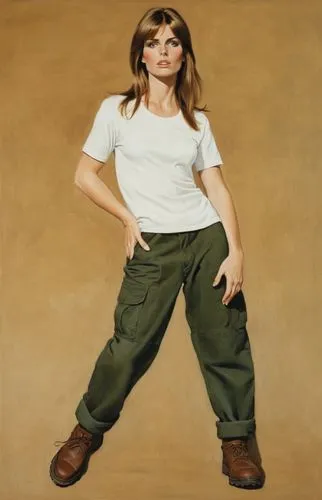 Depiction of female character

Hair : brown haired - long medium straight hair with almost windy
Clothes : White t-shirt, olive cargo-combat trousers, brown outdoor shoes

*A style of ultra realistic 