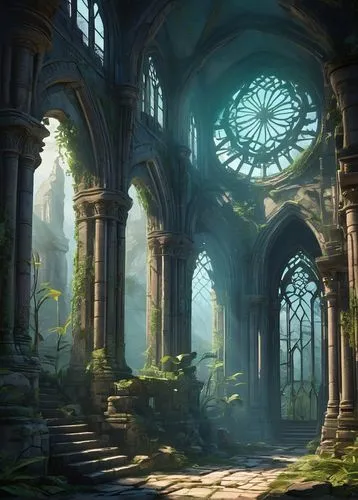 hall of the fallen,labyrinthian,ruins,sanctuary,mausoleum ruins,sanctum,dandelion hall,forest chapel,ruin,fantasy landscape,calydonian,verdant,woolfe,haunted cathedral,the ruins of the,rivendell,abandoned place,cathedral,lost place,monastery,Illustration,Japanese style,Japanese Style 07