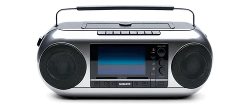 Portable music player, boombox, MP3 format, sleek design, metallic body, silver color, rounded edges, buttons and screen on top, speaker grills on sides, carry handle on top, urban background, 3/4 com