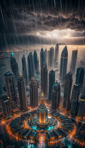 futuristic landscape,destroyed city,world digital painting,shanghai,rainstorm,kuala lumpur,monsoon,heavy rain,fantasy city,apocalyptic,thunderstorm,wuhan''s virus,doha,dubai,jakarta,metropolis,dystopian,sci fiction illustration,harbour city,sky city