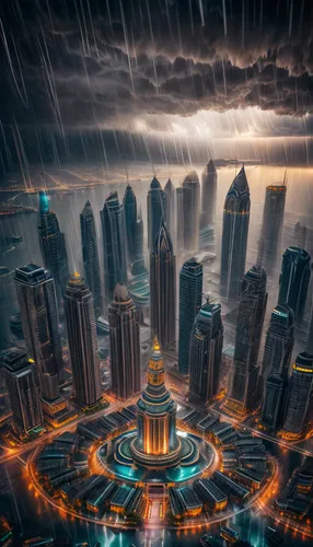 futuristic landscape,destroyed city,world digital painting,shanghai,rainstorm,kuala lumpur,monsoon,heavy rain,fantasy city,apocalyptic,thunderstorm,wuhan''s virus,doha,dubai,jakarta,metropolis,dystopi