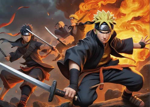 naruto,shinobi,boruto,sōjutsu,iaijutsu,ninjutsu,ninjas,nine-tailed,kenjutsu,kakashi hatake,ninja,shuriken,jujutsu,cartoon ninja,battōjutsu,fire background,ninjago,ninja star,shinigami,swordsmen,Illustration,Realistic Fantasy,Realistic Fantasy 22