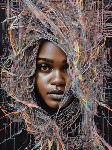 A striking and avant-garde portrait of an abstract face, composed entirely of intricate black lines and scribbles. The neon colors seep through the dense network of lines on the left side, creating a 