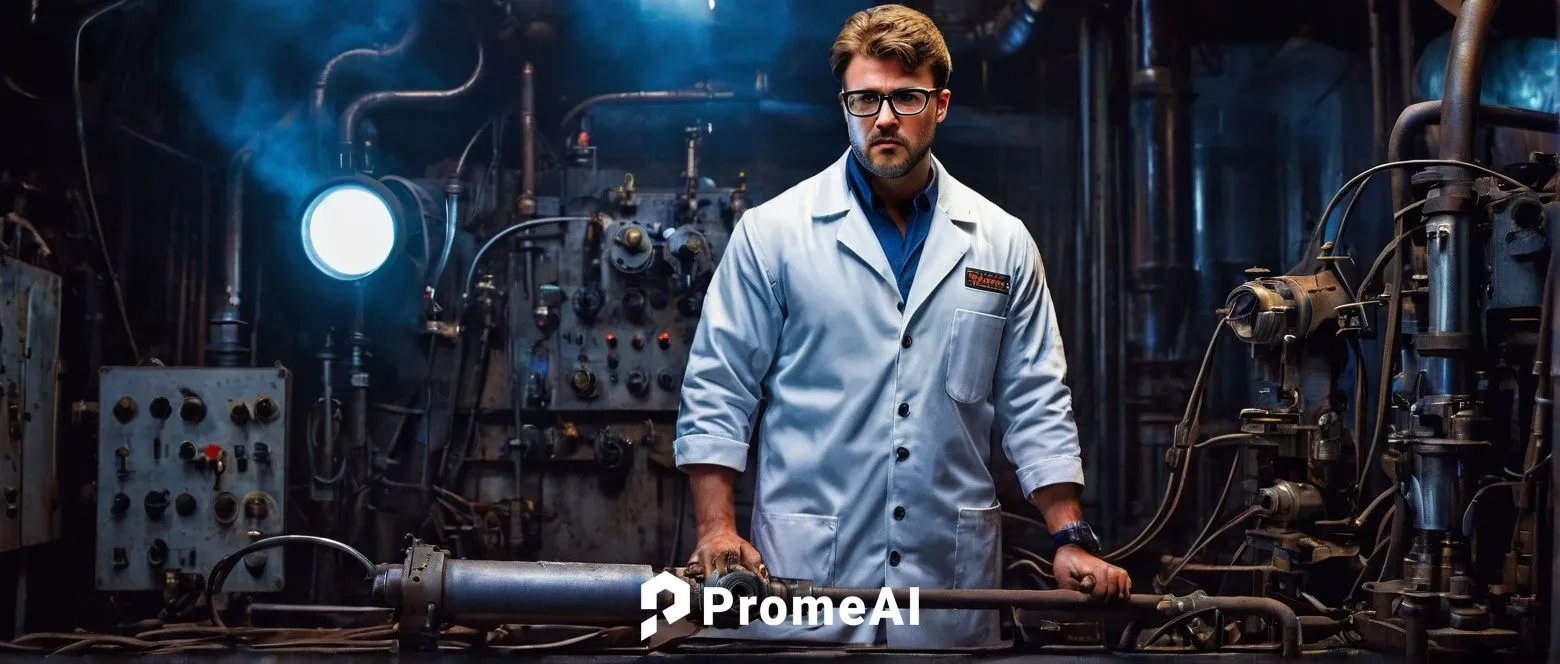 Submarine engineer, male, muscular build, short brown hair, glasses, serious facial expression, white lab coat, blue shirt, dark gray pants, black boots, tools in hand, welding sparks, industrial back