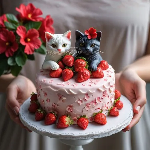 A pair of hands is holding a beautifully decorated small strawberry cake, adorned with [hibiscus] and a [cat] figure,strawberries cake,sweetheart cake,strawberrycake,wedding cake,wedding cakes,little 