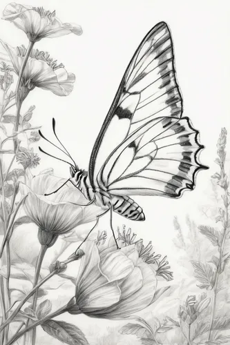 Describe the elegant flight of a black-veined white butterfly in a tranquil garden.,hesperia (butterfly),illustration,zebra swallowtail,papilio,swallowtail,black-veined white butterfly,butterfly backg