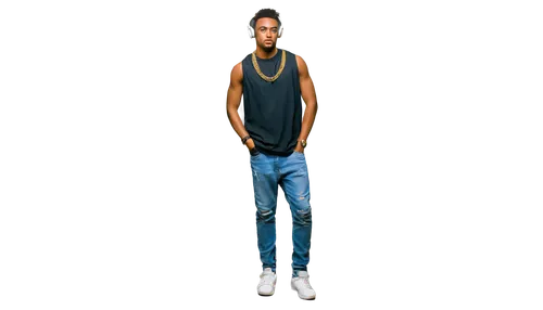 Brazilian DJ, Phonk music, solo, (25yo), muscular build, dark skin, Afro hair, gold chain, sleeveless shirt, ripped jeans, sneakers, headphones, confident pose, one hand on hip, serious facial express