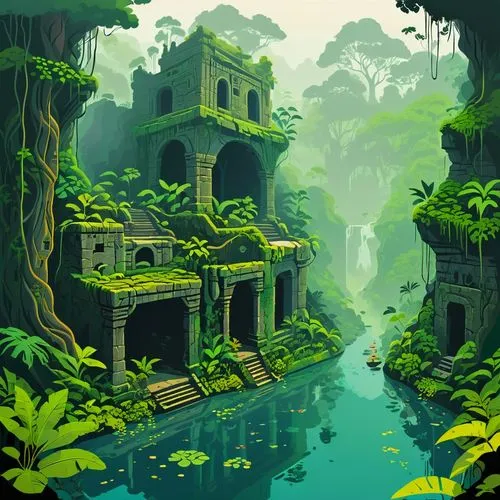 rainforest,cartoon video game background,ancient city,jungle,verdant,green waterfall,Illustration,Vector,Vector 12