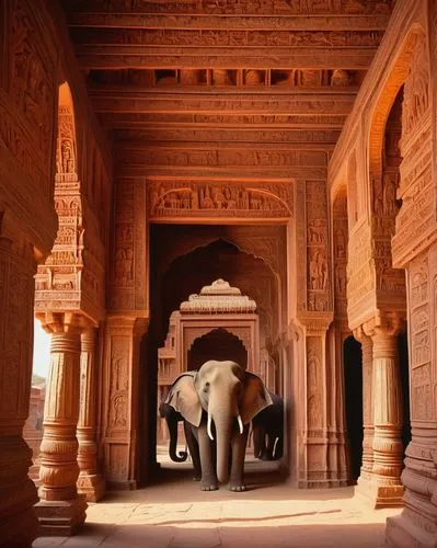 Ancient Indian architecture, Gupta dynasty style, ornate carvings, intricate stone sculptures, temple complex, red sandstone walls, towering spires, grand entrance gates, pillared halls, ornate ceilin