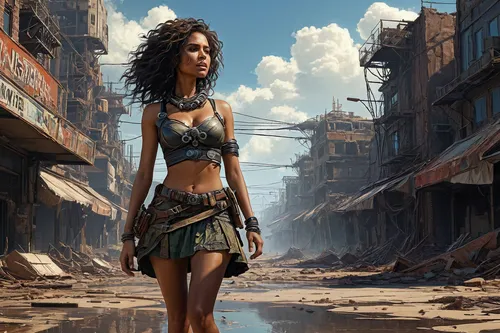 post apocalyptic,world digital painting,destroyed city,female warrior,wanderer,the wanderer,wasteland,nomad,sci fiction illustration,ancient city,lara,warrior woman,croft,fantasy art,girl walking away,post-apocalyptic landscape,ancient egyptian girl,huntress,karnak,cyberpunk