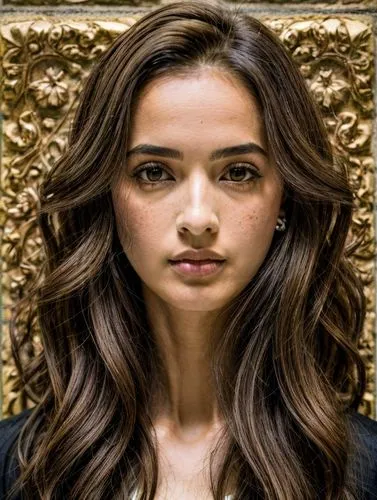 a woman with a strict hairstyle and freckles stands in front of a brick wall,a woman is staring into the camera with long hair,soundarya,kreuk,teodorescu,neerja,tamanna,kalki