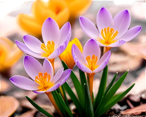 Crocus flowers, close-up, yellow petals, delicate shape, soft focus, natural light, shallow depth of field, warm color tone, 3/4 composition, detailed center, blurred background, photographic texture,