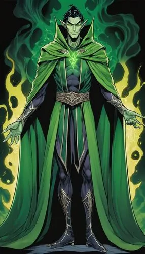 2D Comic portrait of an evil pale elf, the king of Nightmares, in a sinister green robe and cape,  black hair, sinister smile and glowing green eyes, angrily standing in dreamworld casting a spell.,th