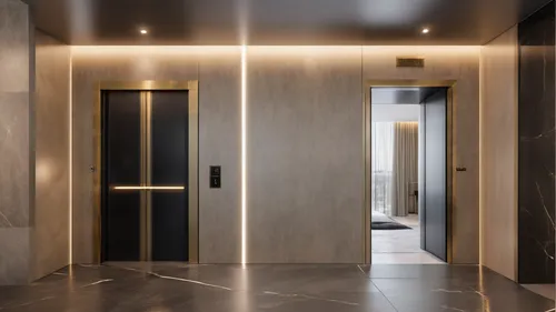 minimalist modern hallway with elevator and staircase,metallic door,hallway space,sliding door,hinged doors,elevators,room divider,shower door,modern minimalist bathroom,walk-in closet,interior modern