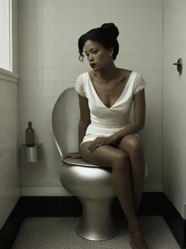 Sitting woman,a woman in white dress sitting on top of a toilet,depressed woman,premenstrual,woman sitting,black women,the girl in the bathtub,african american woman,Photography,Black and white photog