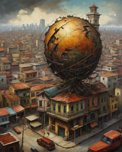 yard globe,globe,post-apocalyptic landscape,panopticon,the globe,terrestrial globe,post apocalyptic,little planet,post-apocalypse,airships,globes,airship,world digital painting,urbanization,rust-orange,sci fiction illustration,destroyed city,spherical,fallout4,gas planet,Illustration,Realistic Fantasy,Realistic Fantasy 34