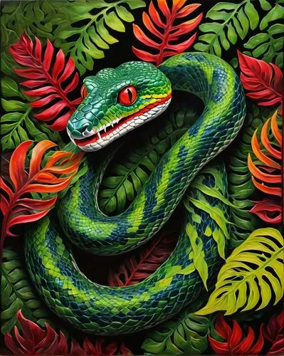 A vividly colored snake with piercing eyes hides among lush green and red foliage, creating a striking contrast in nature. focus on eyes,vipera,green python,lagarto,herpetofauna,quetzalcoatl,maranta,p