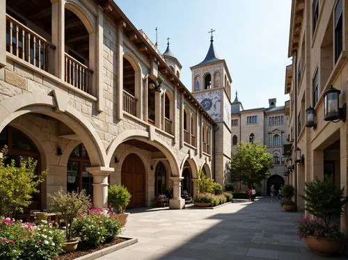 Rustic school building, Romanesque arches, ornate carvings, grand entranceways, thick stone walls, stained glass windows, intricate tile patterns, decorative frescoes, majestic bell towers, lush green