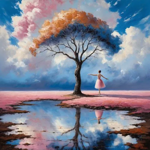 girl with tree,lone tree,painted tree,isolated tree,watercolor tree,fantasy picture,Conceptual Art,Oil color,Oil Color 10