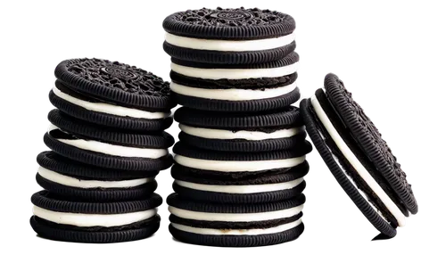 Oreo cookies, white cream filling, black cookie wafers, stacked, rotated 30 degrees, shiny surface, soft focus, warm lighting, shallow depth of field, close-up shot, macro photography, high contrast, 