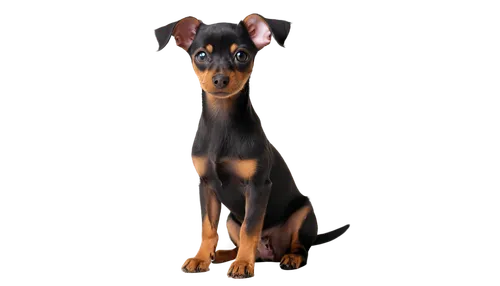 black and tan fur, miniature Pinscher puppy, cute face, floppy ears, big brown eyes, tiny nose, soft whiskers, short legs, curly tail, sitting, playful, innocent, morning sunlight, warm lighting, shal