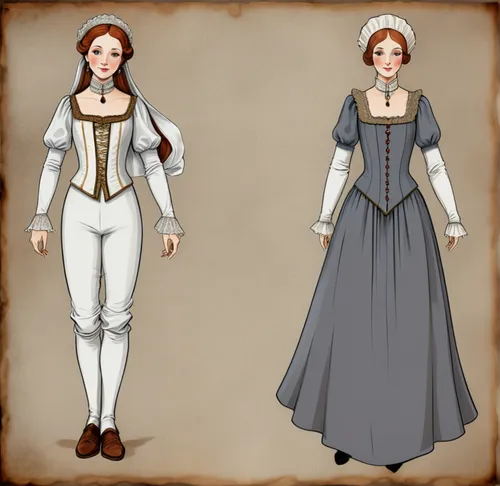 Paper doll medieval noble women in white blouse ,grey tight legging with brown boot standing with a set of elegant medieval noble dress on 4 color full color full hd,victorian fashion,women's clothing