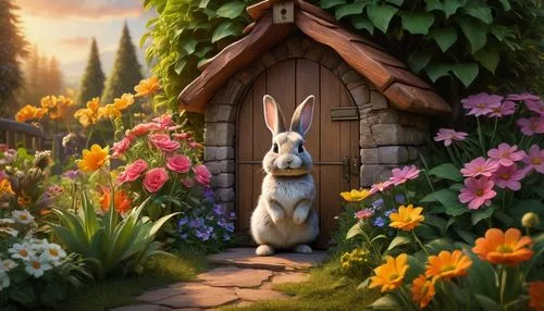 Picture a whimsical, small-scale rabbit house with a petite, rustic wooden door, adorned with a tiny brass door knocker in the shape of a rabbit, nestled amidst a lush, vibrant garden teeming with an 